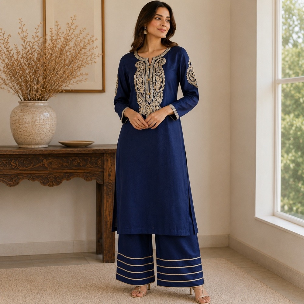 Urban Pret M Blue Embroidered Kurta Set Gold Trim Wide Leg Trousers Trad